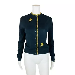 Vintage 1960s Gold Floral Cardigan Black Orlon Acrylic Sweater | B 36" - Picture 1 of 11