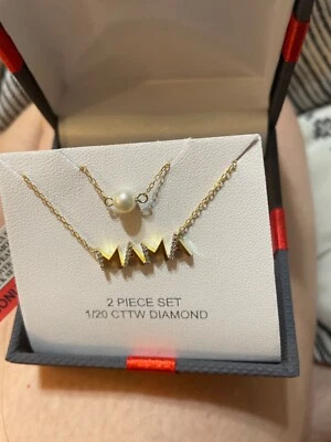 Yes Please Mamá Mujer 2 Piezas Diamantes Acento Genuino Blanco 14K Oro Sobre Plata Foto 1 de 4