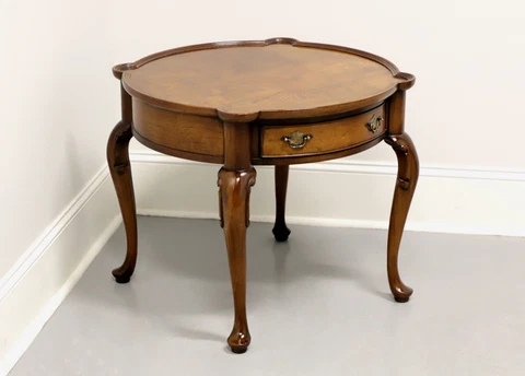 Vintage Burl Walnut Round Queen Anne Accent Table Cover