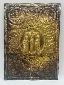 ANTIQUE VINTAGE PRESSED METAL TIN PLATE RELIGIOUS CROSS BIBLE COVER? - Picture 1 of 9
