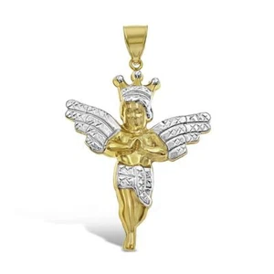 Praying Angel Crown Pendant Charm 10k Two Tone Gold 2.2 inch - Picture 1 of 3