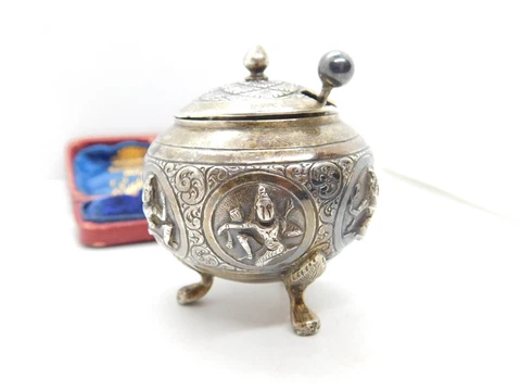 Anglo Indian Sterling Silver Mustard Pot and Spoon Antique Victorian c1890 Cover