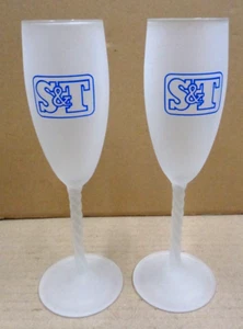 Vtg Set/2 S&T BANK Frosted Twisted Stem Champagne Logo Glasses ~ 8.25" H - Picture 1 of 4