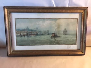 Boats in a Harbor 1891 Rare Print By W.Hagelberg.7x16,framed 13x20, Tugboat - Picture 1 of 5