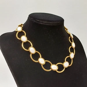 1980s Napier Gold Tone Geometric Statement Collar Necklace w/ White Cabochons - Picture 1 of 9
