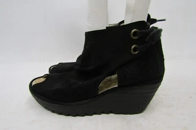 FLY LONDON Womens Size 39 EUR Black Suede Wedge Peep Toe Ankle Boots Bootie - Image 1 of 4