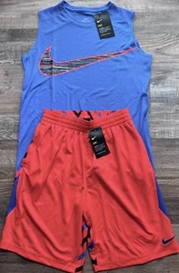 NWT Nike Boys YLG Dk Orange/Cornflower Blue/Black Dri-Fit Tank Top Shorts Set L - Picture 1 of 4