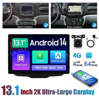 13.1 英寸 64GB 安卓 14 立体声收音机 GPS 适用于吉普 Renegade 2014-2022 苹果 Carplay — 第 1/4 张图片