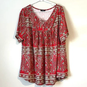 Folunsi Women Size 4X Top Red Multicolor Short Sleeve Shirt - Picture 1 of 9