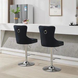 Set/2 Luxury Swivel Kitchen Barstools 25-33"Adjustable Thick Chrome Velvet Black - Picture 1 of 22