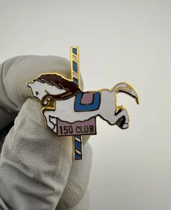 VTG Carousel Horse Bowling Award 150 Pink, Brown, Blue, White Enamel Lapel Pin - Picture 1 of 8