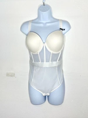 NWOT DKNY Women's 36D Sheers Mesh-Panel Slimming Thong Bodysuit DK6008 White - Image 1 of 4