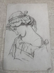 Antico disegno a matita - ritratto bambina con cuffietta - Foto 1 di 4