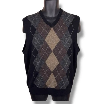 Large Vintage Geoffrey Beene Knit Sweater Vest Black Argyle Academia Vneck - Image 1 of 4