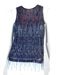 PETER COHEN $900 NUEVO CON ETIQUETAS Azul y Rosa Malla Lentejuelas Flecos SALLY Top P NUEVO - Imagen 1 de 9