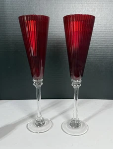 Pair of Glass Mille Nuitts Flutissimo  Red Stemware Fluted Champagne by Mathias - Picture 1 of 10