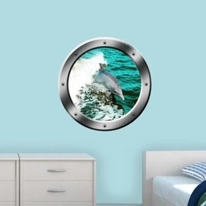 Dolphin Porthole Wall Decal Ocean Wall Sticker Animal Nature View Family Wall De - Picture 1 of 3