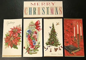 UNUSED (SET of 5) Vintage Christmas Cards / Candy Jar with Ornaments Etc - Picture 1 of 3