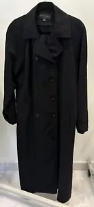 Gallery Womens Long Trench Coat Black Double Breasted Button Up Pockets Sz 16 - Picture 1 of 17