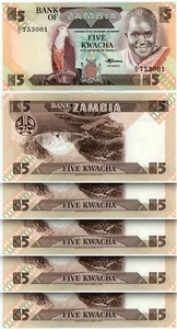 Zambia 5 Kwacha 1980 1988, UNC, 5 Pcs LOT, Consecutive, P-25d  - Picture 1 of 4