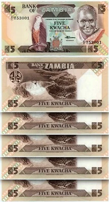 Zambia 5 Kwacha 1980 1988, UNC, 5 Pcs LOT, Consecutive, P-25d  - Image 1 of 4