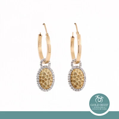 0.35 TW Diamond Oval Hoop Earring Attachments 14K Gold Hammered Design 0.45" - Image 1 of 4