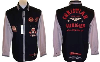 Nuevo Para hombres Christian Audigier Mangas Largas Presionadas Botón Camisa Bolsillos Gris Foto 1 de 3