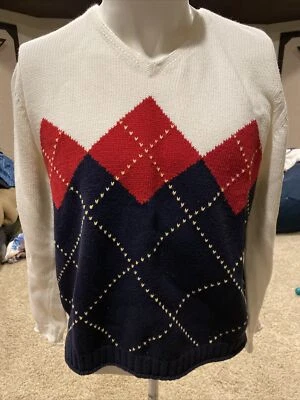 Liz Clairborne V Neck Long Sleeve Sweater Size XL White Blue Red Checked - Image 1 of 4