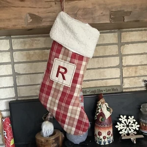 Christmas Stocking Monogram Initial R Red Beige Plaid St Nicholas Square 21" - Picture 1 of 1