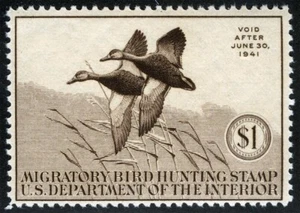 US Sc RW7 Sepia $1.00 1940 Hunting Permit Duck Barely Hinged Original Gum - Picture 1 of 1