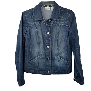 Chico's Platinum Denim Jeans Jacket Rhinestones Chico's Size 0 (US S/4) EUC - Picture 1 of 12