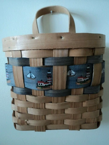 Woven Hanging Basket Painted Light House Nautical Theme Lake House Sailboat Cover