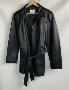 Worthington Jacket Black Leather Collared Zip Pockets Lined Removable Belt Sz L - Picture 1 of 14