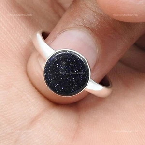 Round Natural Blue Sunstone Solid Silver Statement Band Handcrafted Promise Ring - Picture 1 of 9