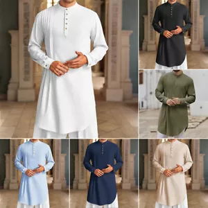 Muslim Men's Button Cotton Linen Shirt Muslim Robe, - Picture 1 of 30