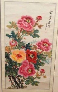 LARGE CHINESE ORIGINAL WATERCOLOR SCROLL PINK ROSES FLOWERS PAINTING SIGNED - Picture 1 of 5