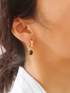Non Tarnish Gold Plated Black Onyx Hoop Huggies Drop Earrings-E037 - Picture 1 of 8