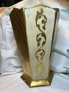 Vintage Fomerz Italy Florentine White Gold Gilt Wastebasket Trash Can ~ 14 1/2" - Picture 1 of 14