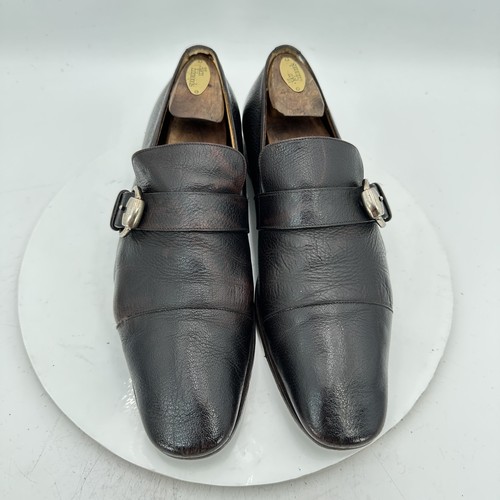 Scarpe Gucci da uomo taglia UK 9D US 9 5D in pelle marrone scuro oro fibbia singola monaca