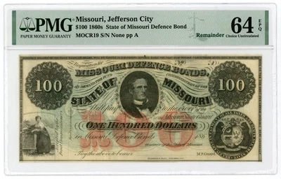 1860's Cr.19 $100 State of MISSOURI "Missouri Defence Bond" Note - PMG 64 EPQ - Image 1 of 2