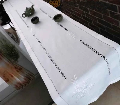 Liquidación @Elegante Corredor de Mesa Bordado Flor Blanca Dobladillo Algodón Lino L Foto 1 de 4