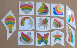 VINTAGE 80er HAMBLY MYLAR FOLIE EINHORN PEGASUS ~ POSTEN 12 VERSCHIEDENE REGENBOGEN AUFKLEBER - Bild 1 von 6