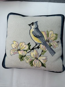 Vintage Needlepoint Pillow Bird Floral Branch Blue Velvet Backing 14 Inch Square - Picture 1 of 5