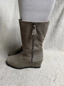 Stuart Weitzman halbhohe Plateau-Stiefel Leder Wildleder taupe Größe 11 M - Bild 1 von 17