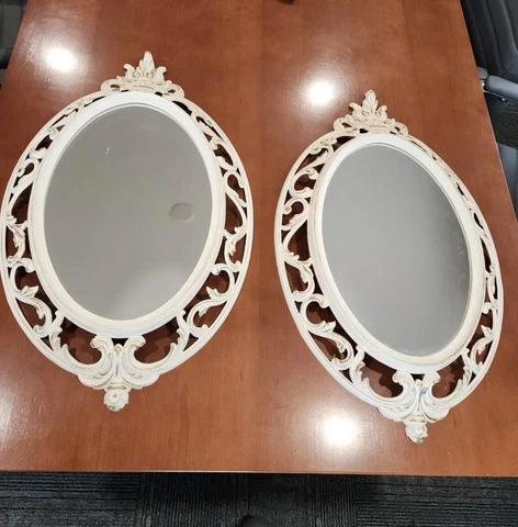 2 Vintage Syroco Oval Ornate Scroll Hollywood Regency Gold and White Mirrors 29" Cover