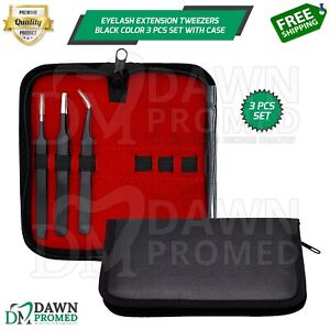 3 Pcs Eyelash Extension Tweezers Anti-Static Black Set With FREE Carrying Case