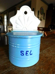 Vintage Blue White French Enamelware Graniteware Salt Sel Box-1920-Dinosaur Mark - Picture 1 of 7