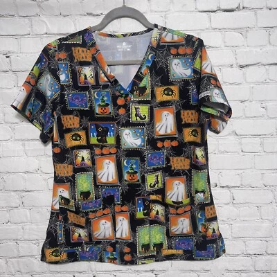 Scrub Top Size M Med Couture Stretch Halloween Witch Ghosts Pumpkin Bats - Image 1 of 4