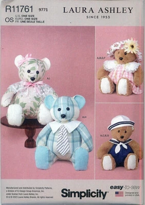 Simplicity 9771 Teddy Bear 20 In Plush with Clothes Laura Ashley Sewing Pattern - Image 1 of 4