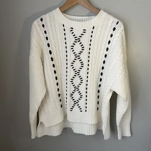 DKNY sweater ivory black ribbon Sz Small womens cable knit cotton blend holiday - Picture 1 of 13